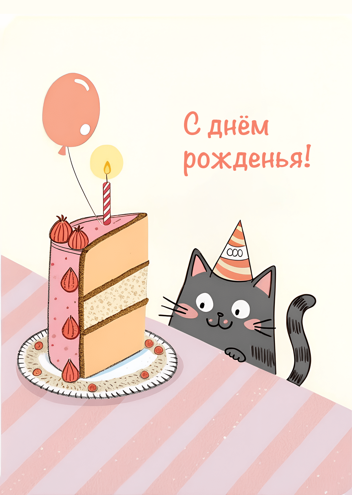 Открытка с днем рождения "Кот за праздничным столом"